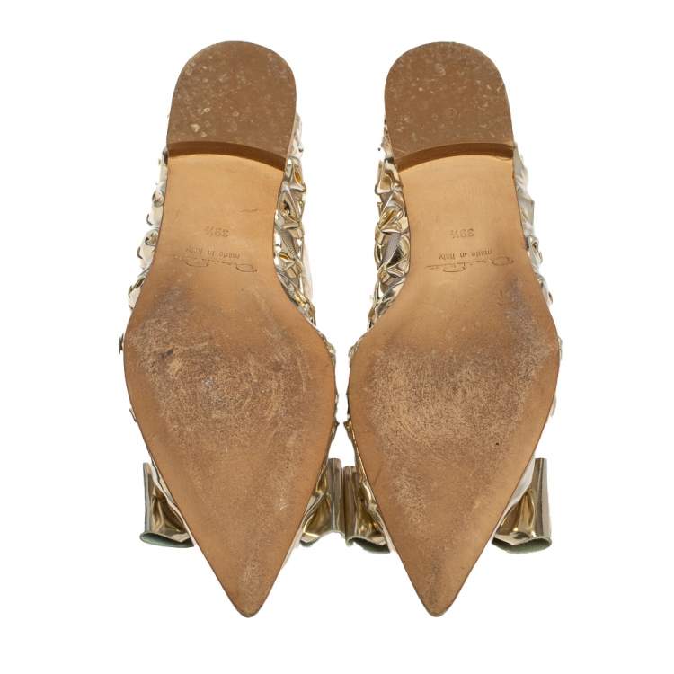 Pre Owned Oscar de la Renta Metallic Gold Patent Leather Bow Ballet Flats Size 39.5