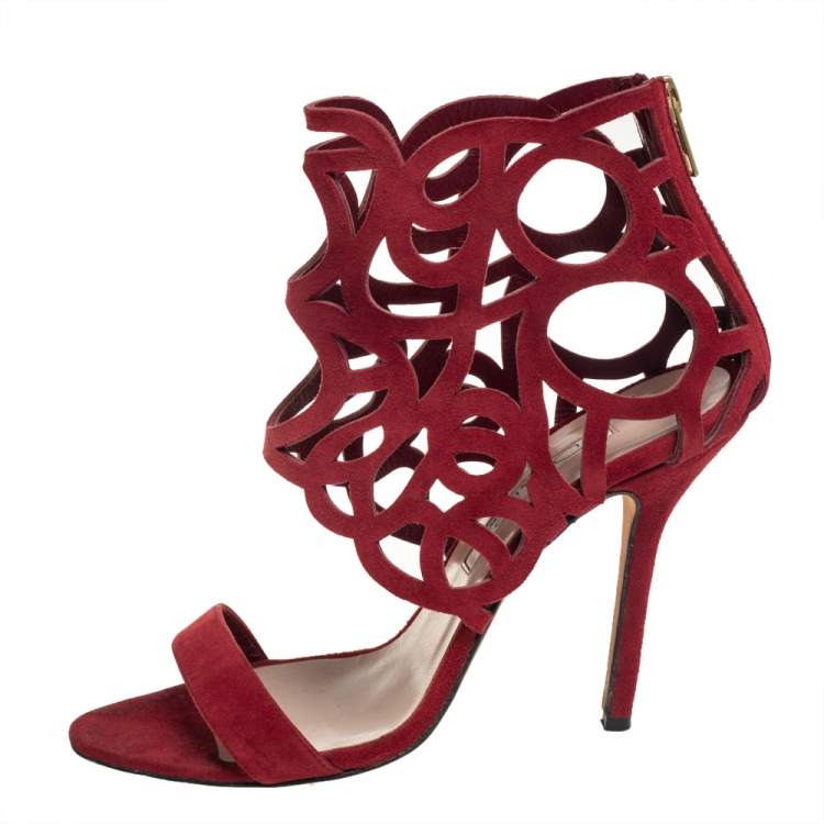 Pre Owned Oscar de la Renta Red Suede Cage Sandals Size 38.5