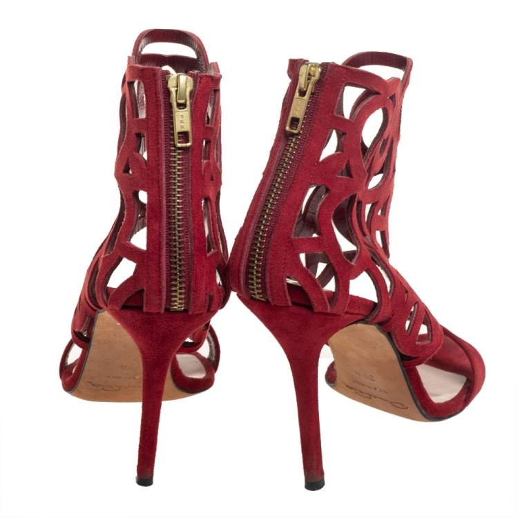 Pre Owned Oscar de la Renta Red Suede Cage Sandals Size 38.5