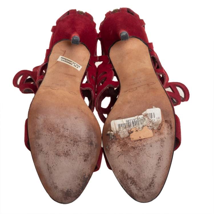 Pre Owned Oscar de la Renta Red Suede Cage Sandals Size 38.5