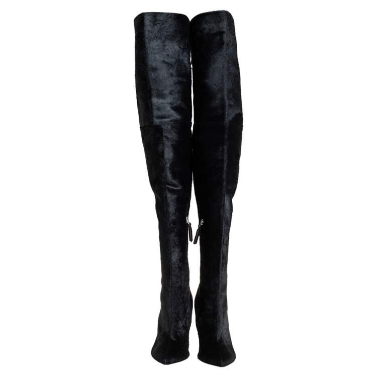 Pre Owned Oscar de la Renta Black Calf Hair Over Knee Boots Size 39    