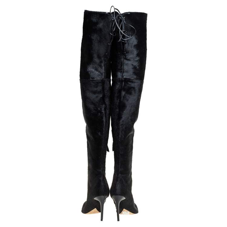 Pre Owned Oscar de la Renta Black Calf Hair Over Knee Boots Size 39    
