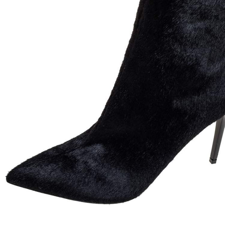 Pre Owned Oscar de la Renta Black Calf Hair Over Knee Boots Size 39    