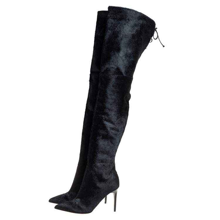 Pre Owned Oscar de la Renta Black Calf Hair Over Knee Boots Size 39    