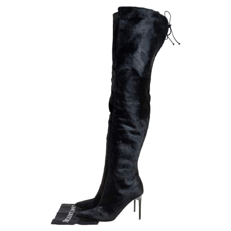 Pre Owned Oscar de la Renta Black Calf Hair Over Knee Boots Size 39    