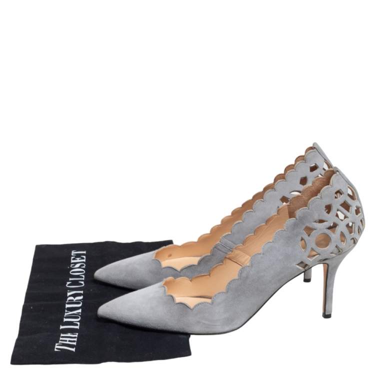 Pre Owned Oscar De La Renta Grey Suede Pointed Toe Cut Out Pumps Size 40