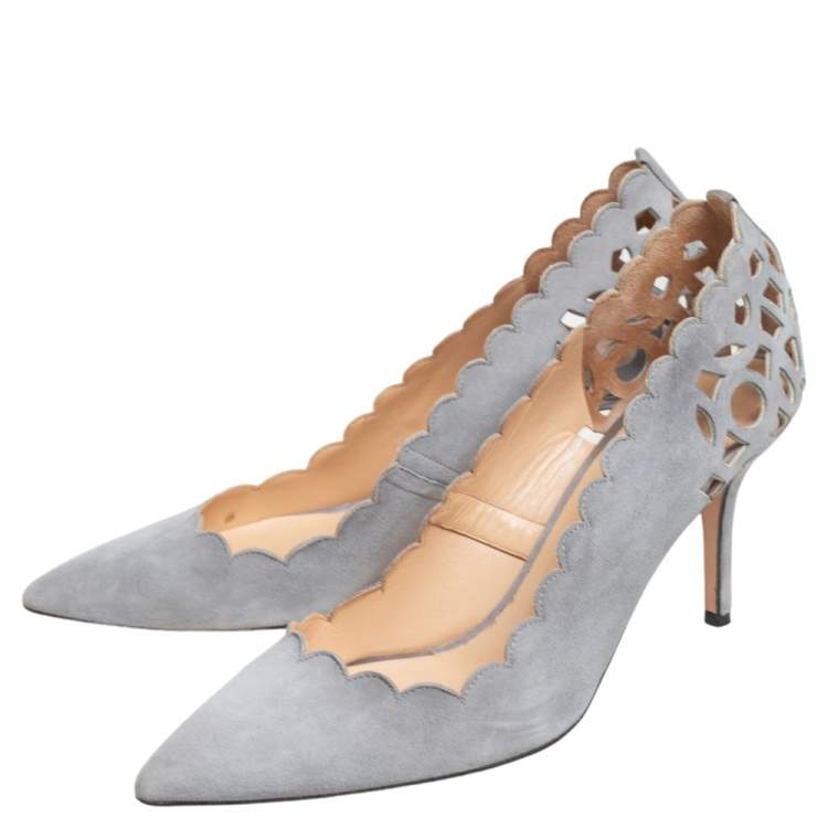 Pre Owned Oscar De La Renta Grey Suede Pointed Toe Cut Out Pumps Size 40