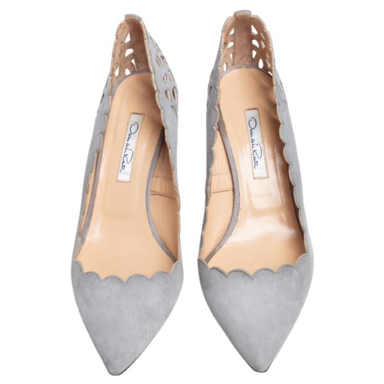 Pre Owned Oscar De La Renta Grey Suede Pointed Toe Cut Out Pumps Size 40