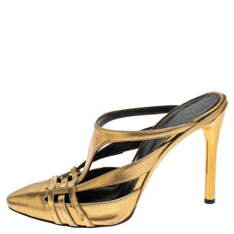 Pre Owned Oscar de la Renta Metallic Gold Leather Carmen Mule Sandals Size 39