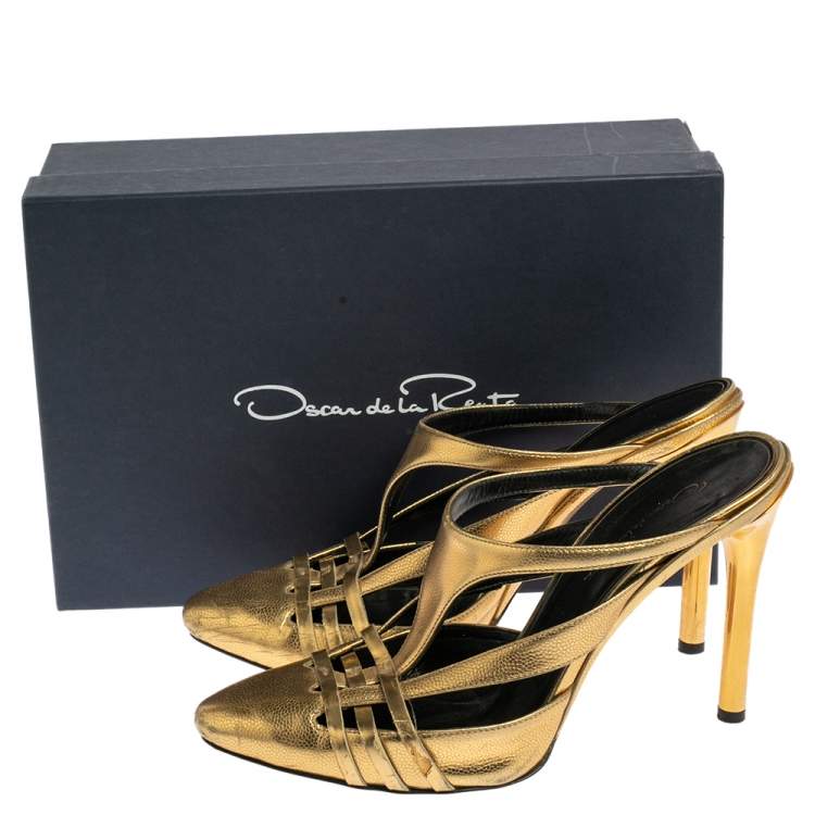 Pre Owned Oscar de la Renta Metallic Gold Leather Carmen Mule Sandals Size 39