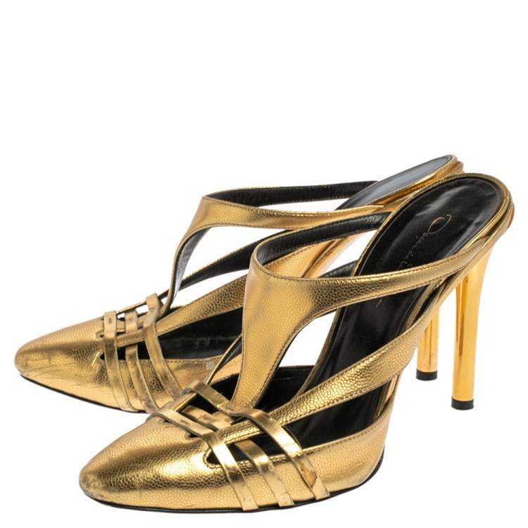 Pre Owned Oscar de la Renta Metallic Gold Leather Carmen Mule Sandals Size 39