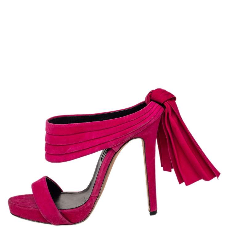 مملوكة مسبقًا Oscar de la Renta Pink Suede Sandy Bow Detail Sandals Size 38.5