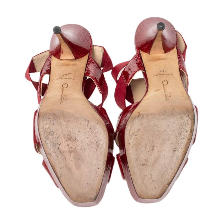 Pre Owned Oscar de la Renta  Red Patent Leather And Elastic Cage Platform Sandals Size 38