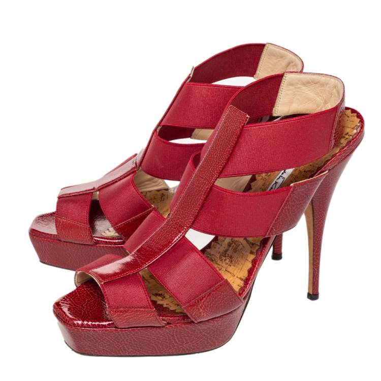 Pre Owned Oscar de la Renta  Red Patent Leather And Elastic Cage Platform Sandals Size 38
