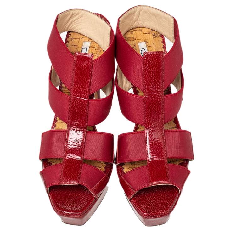 Pre Owned Oscar de la Renta  Red Patent Leather And Elastic Cage Platform Sandals Size 38