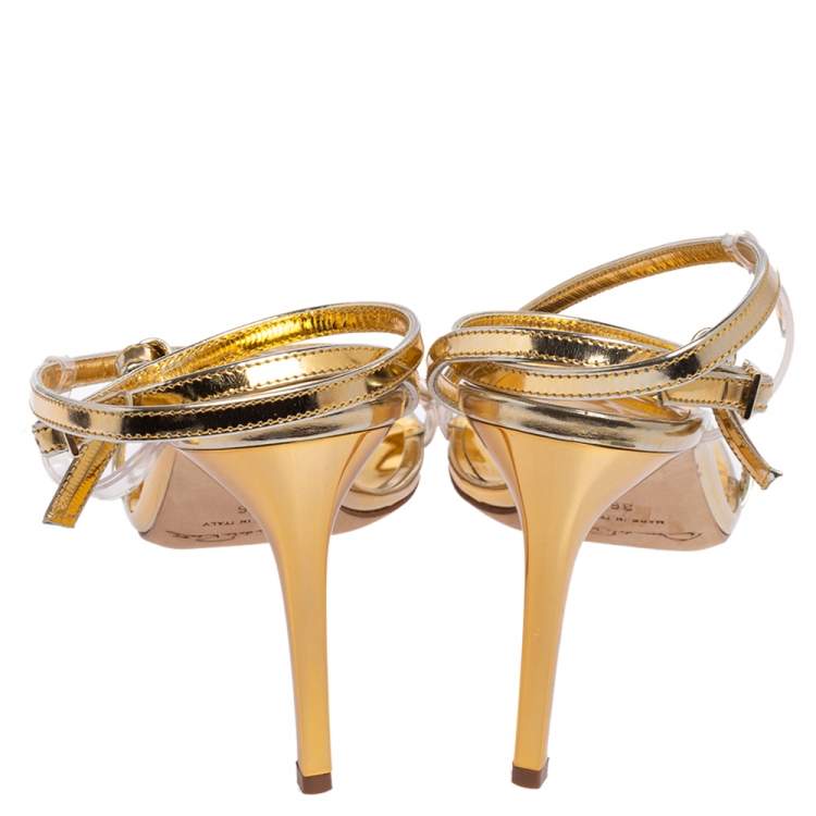 Pre Owned Oscar de la Renta Gold Leather Knotted Ankle Strap Open Toe Sandals Size 36
