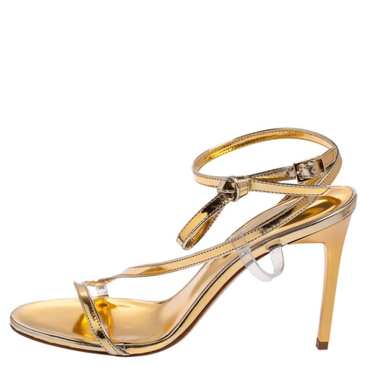 Pre Owned Oscar de la Renta Gold Leather Knotted Ankle Strap Open Toe Sandals Size 36