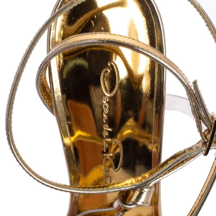 Pre Owned Oscar de la Renta Gold Leather Knotted Ankle Strap Open Toe Sandals Size 36