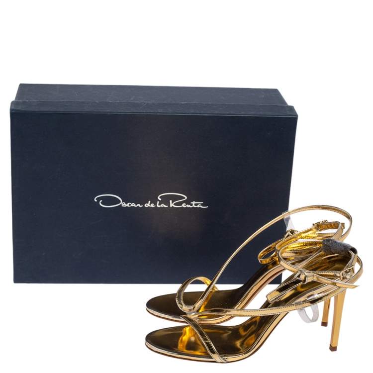 Pre Owned Oscar de la Renta Gold Leather Knotted Ankle Strap Open Toe Sandals Size 36