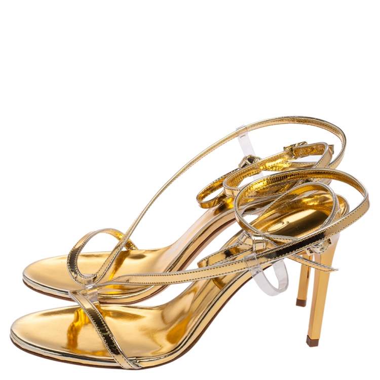 Pre Owned Oscar de la Renta Gold Leather Knotted Ankle Strap Open Toe Sandals Size 36