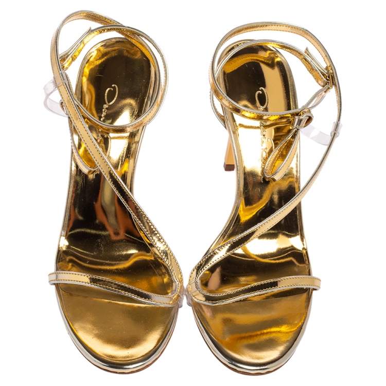 Pre Owned Oscar de la Renta Gold Leather Knotted Ankle Strap Open Toe Sandals Size 36