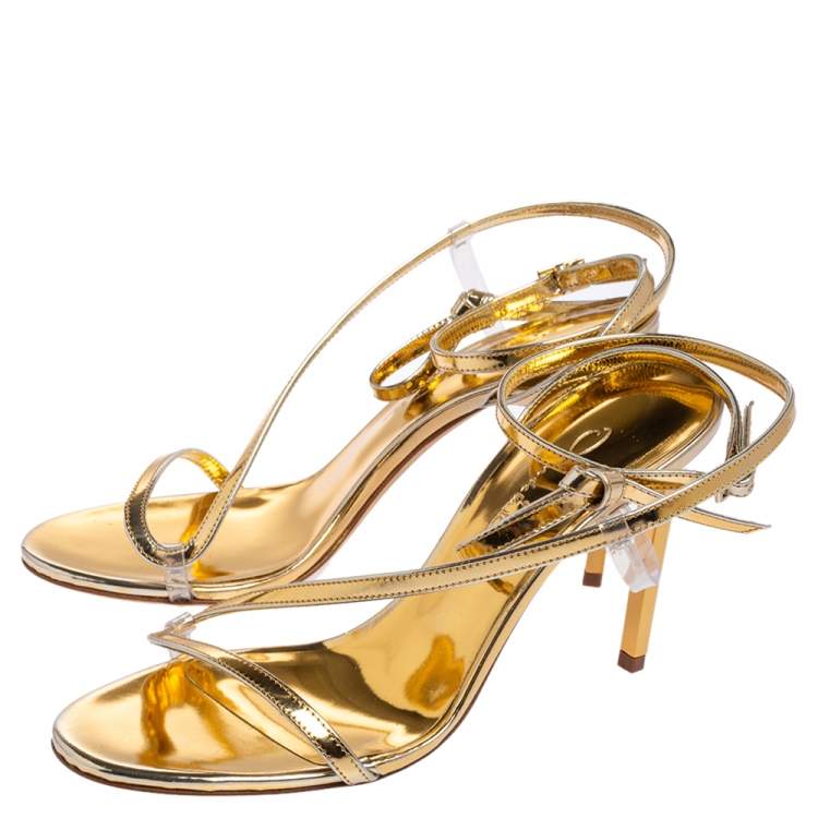 Pre Owned Oscar de la Renta Gold Leather Knotted Ankle Strap Open Toe Sandals Size 36