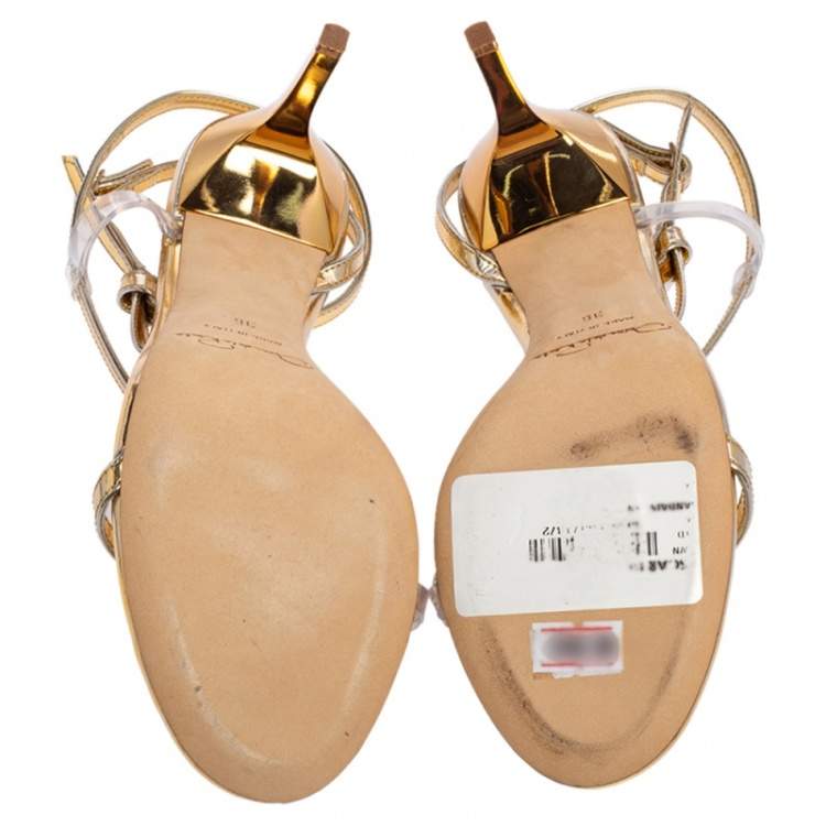 Pre Owned Oscar de la Renta Gold Leather Knotted Ankle Strap Open Toe Sandals Size 36