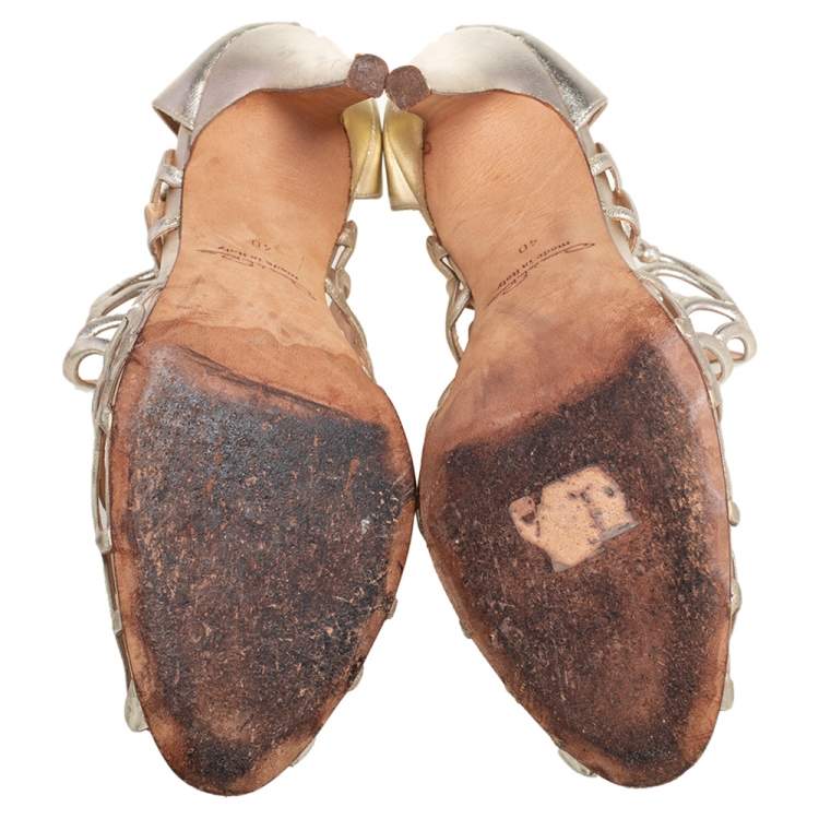 Pre Owned Oscar de la Renta Gold Leather Gladia Cutout Sandals Size 40