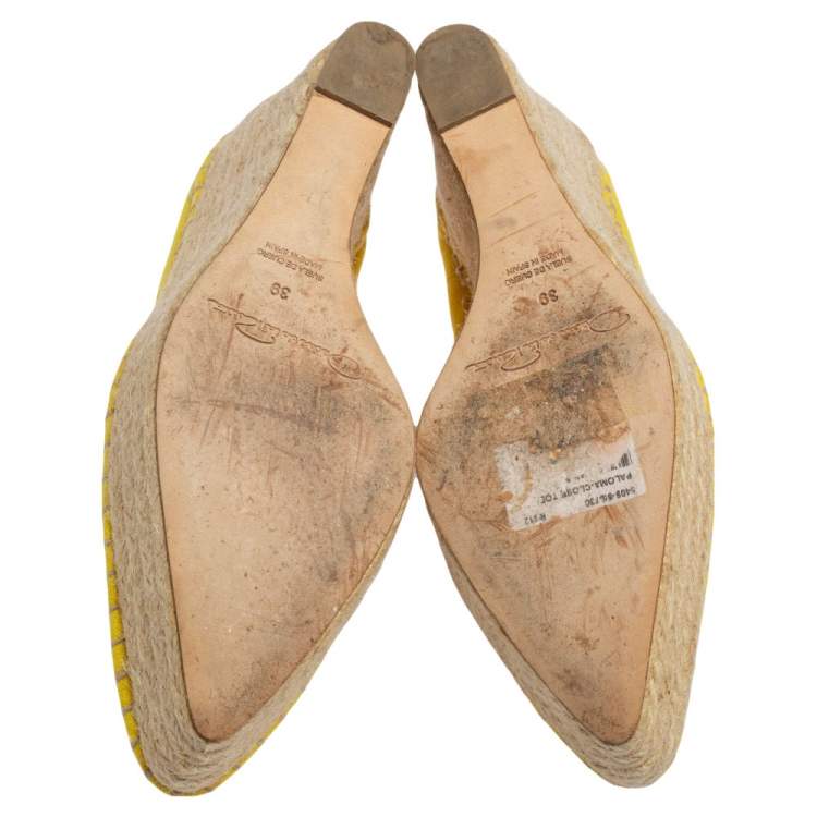 Pre Owned Oscar de la Renta Yellow Canvas Espadrille Wedge Pumps Size 39