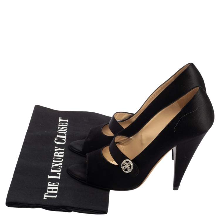 Pre Owned Oscar de la Renta Black Satin Peep Toe Crystal Embellished Buckle Pumps Size 38.5