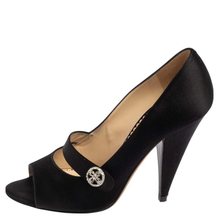 Pre Owned Oscar de la Renta Black Satin Peep Toe Crystal Embellished Buckle Pumps Size 38.5