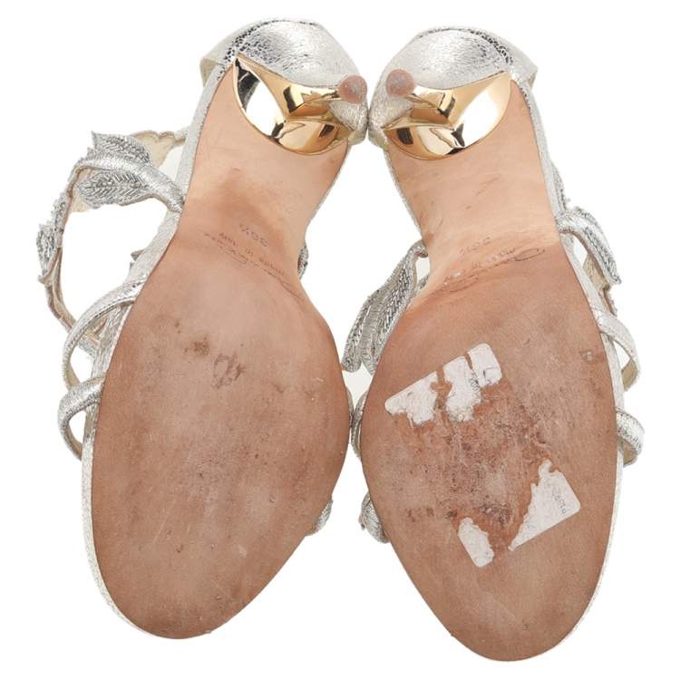 Pre Owned Oscar de la Renta Metallic Gold Leather Ambria Embroidered Cut Out Sandals Size 36.5