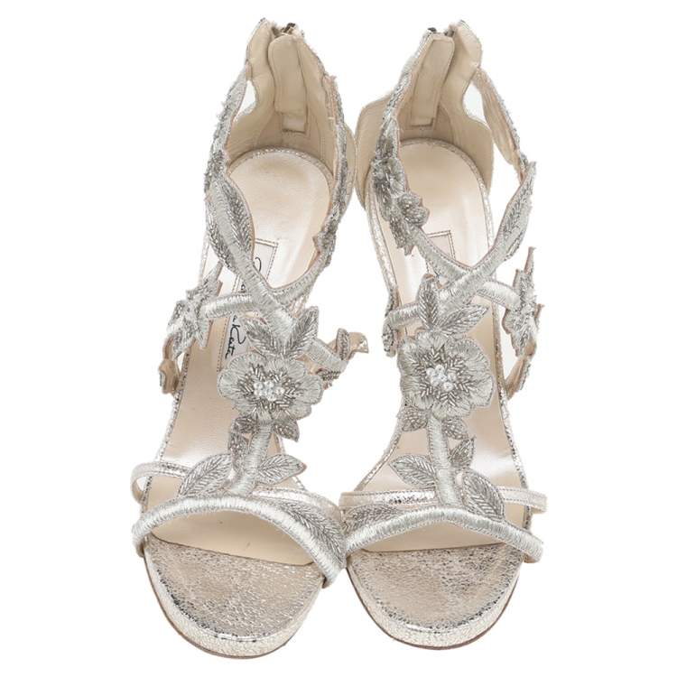 Pre Owned Oscar de la Renta Metallic Gold Leather Ambria Embroidered Cut Out Sandals Size 36.5