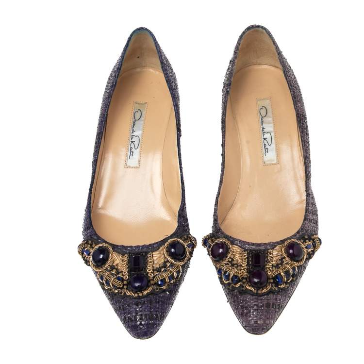 Pre Owned Oscar de la Renta Purple  Raffia Point Toe Pumps Size 36