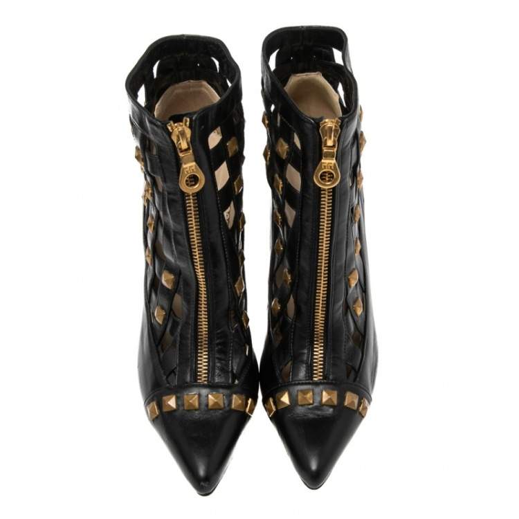Pre Owned Oscar de la Renta Black Laser Cut Leather Studded Booties Size 37