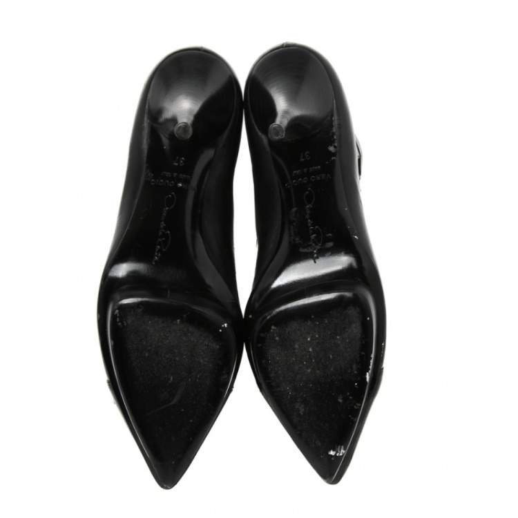 Pre Owned Oscar de la Renta Black Laser Cut Leather Studded Booties Size 37