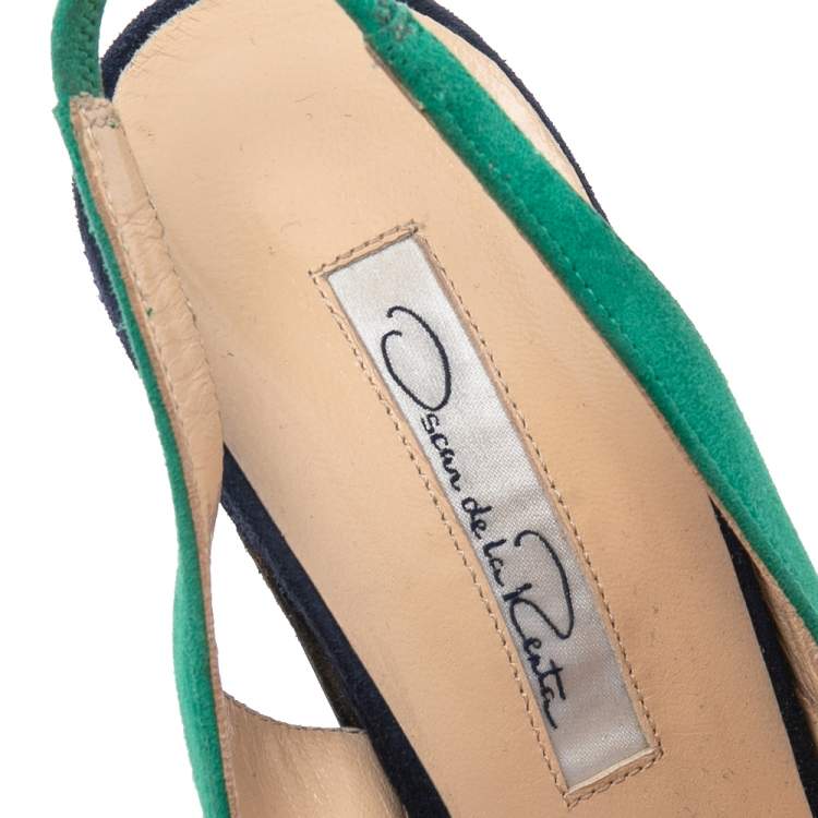 مملوكة مسبقًا Oscar De La Renta Green/Blue Suede Slingback Sandals Size 36.5