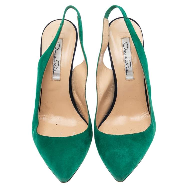 مملوكة مسبقًا Oscar De La Renta Green/Blue Suede Slingback Sandals Size 36.5