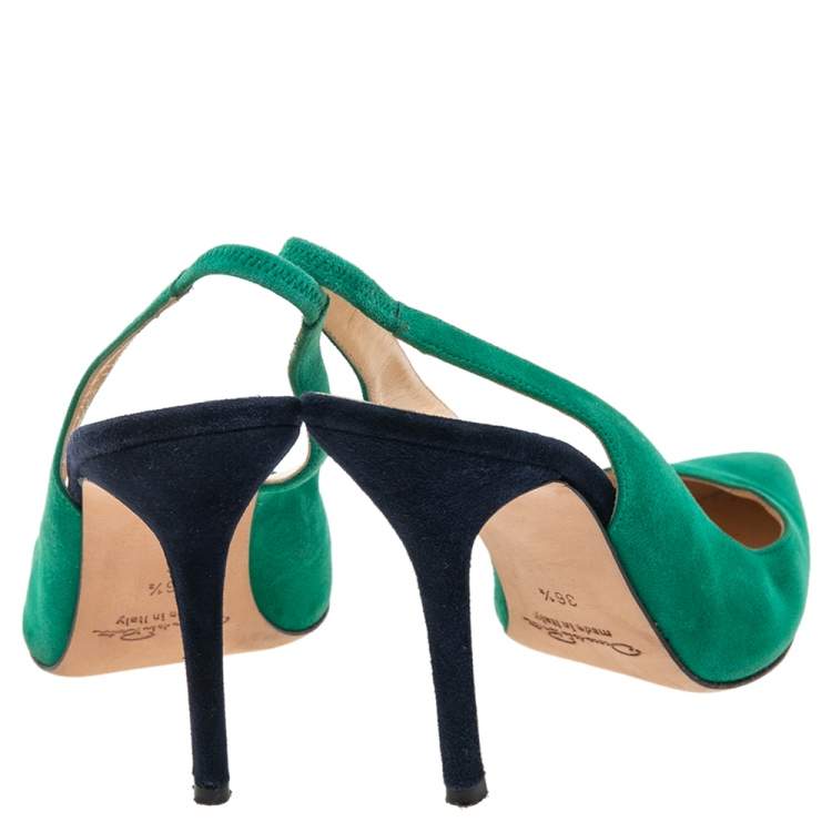 مملوكة مسبقًا Oscar De La Renta Green/Blue Suede Slingback Sandals Size 36.5