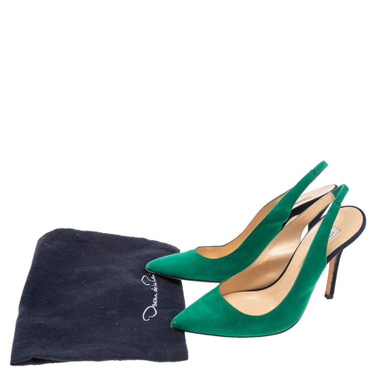 مملوكة مسبقًا Oscar De La Renta Green/Blue Suede Slingback Sandals Size 36.5
