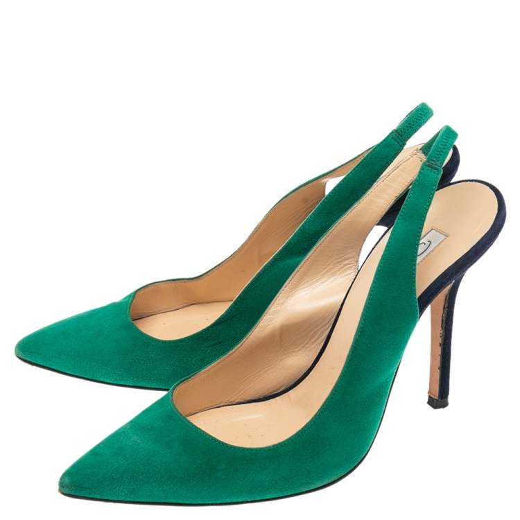 مملوكة مسبقًا Oscar De La Renta Green/Blue Suede Slingback Sandals Size 36.5