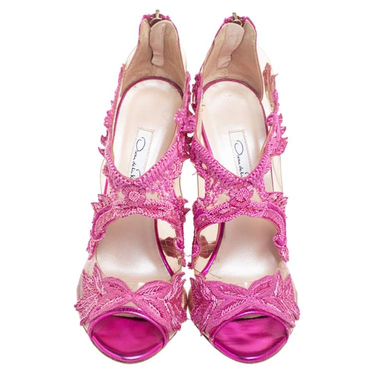 Pre Owned Oscar de la Renta Metallic Pink PVC and Patent Leather Amria Cut Out Sandals Size 37.5