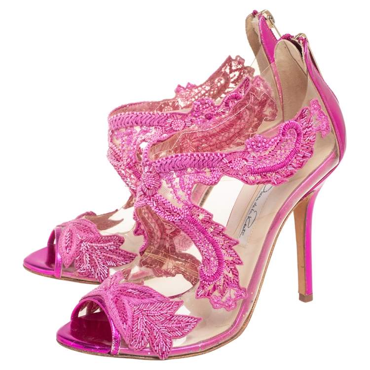 Pre Owned Oscar de la Renta Metallic Pink PVC and Patent Leather Amria Cut Out Sandals Size 37.5