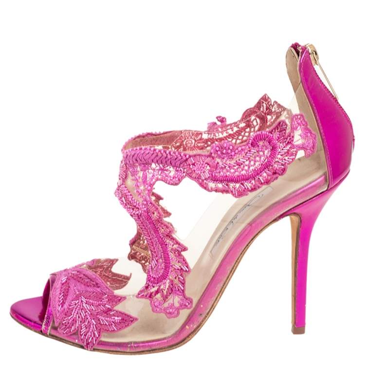 Pre Owned Oscar de la Renta Metallic Pink PVC and Patent Leather Amria Cut Out Sandals Size 37.5