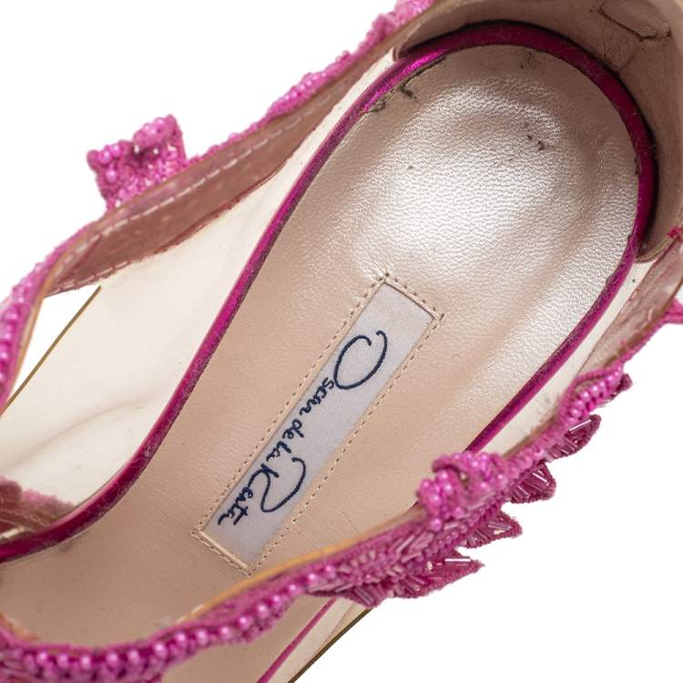 Pre Owned Oscar de la Renta Metallic Pink PVC and Patent Leather Amria Cut Out Sandals Size 37.5