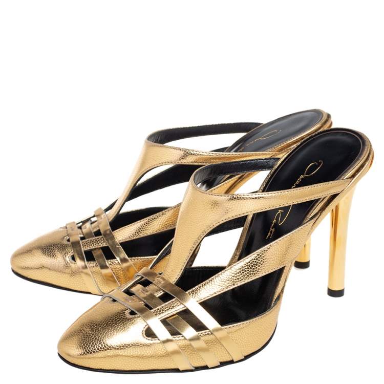 مملوكة مسبقًا Oscar de la Renta Metallic Gold Leather Carmen Mule Sandals Size 36