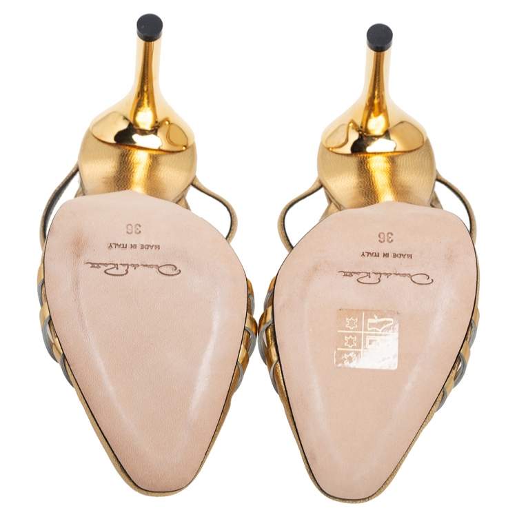 مملوكة مسبقًا Oscar de la Renta Metallic Gold Leather Carmen Mule Sandals Size 36