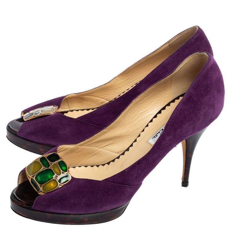 Pre Owned Oscar De La Renta Purple Suede Jewel Embellished Peep-Toe Pumps Size 38.5