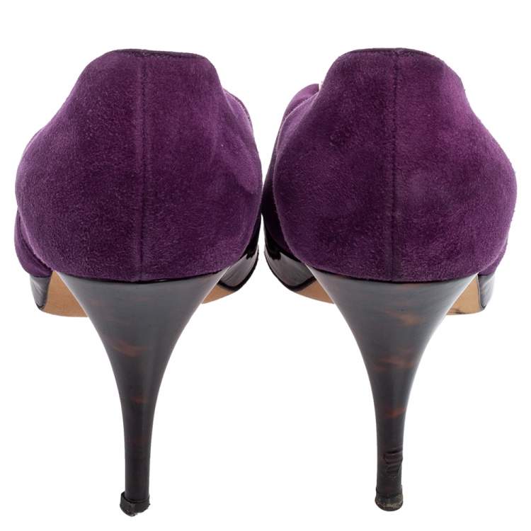 Pre Owned Oscar De La Renta Purple Suede Jewel Embellished Peep-Toe Pumps Size 38.5