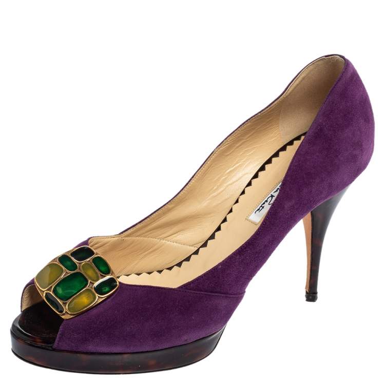 Pre Owned Oscar De La Renta Purple Suede Jewel Embellished Peep-Toe Pumps Size 38.5
